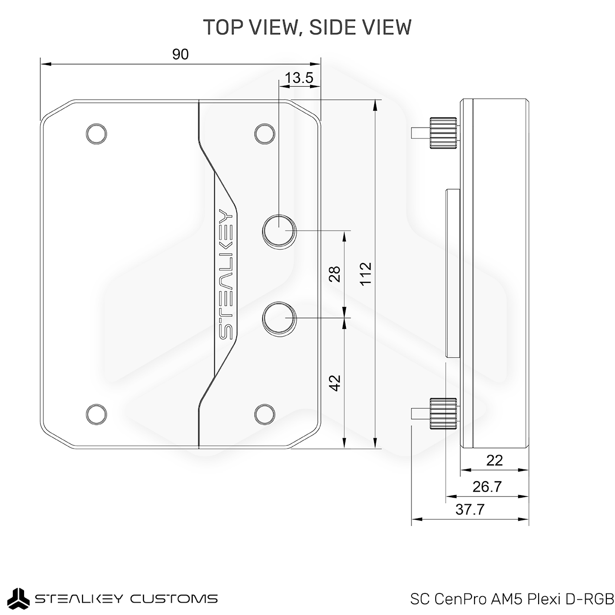 Technische Zeichnung SC CenPro AM5 CPU Waterblock mit Maßen und Portabstand für Custom-Loop